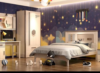 Children's room, teenage room set: bed, wardrobe, nightstand, desk 4-piece